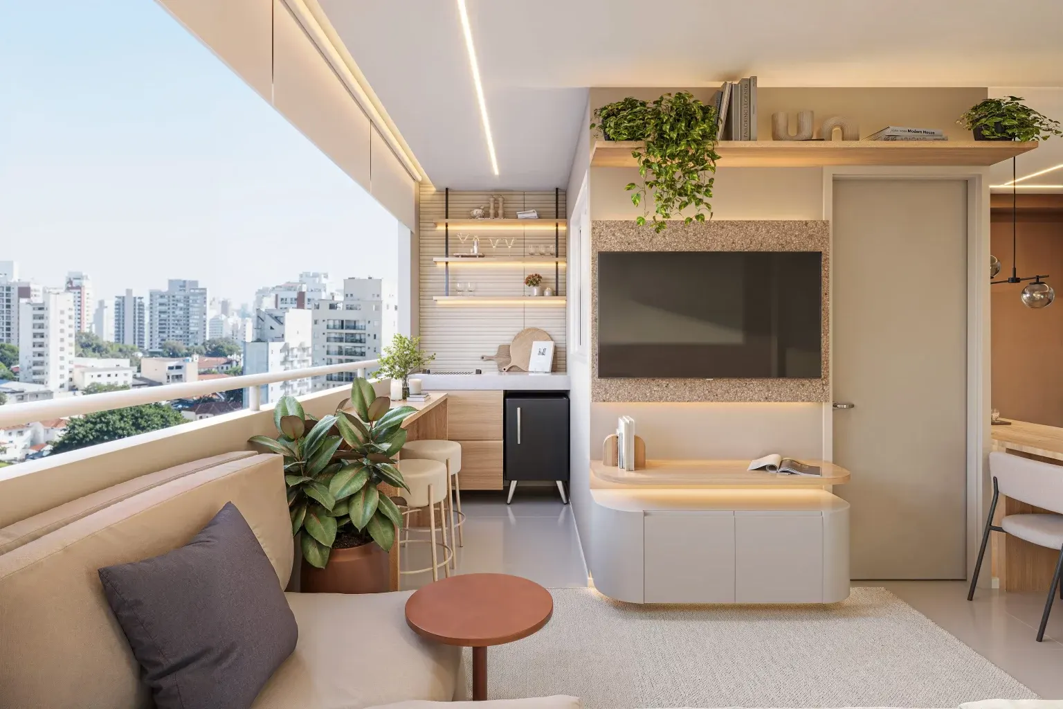 Living com varanda decorado do MOB Campo Limpo (Emccamp)